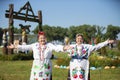 Elderly Belarusian or Ukrainian women in national costume. Hospitable people