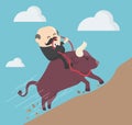 Elderly businessman ride a bull, success Trader