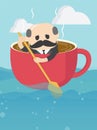 Elderly businessman who is in a cup of coffee and is rowing ahead with a weary expression on his overwork