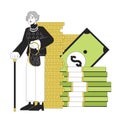 Elderly businesswoman accumulating money flat line concept vector spot illustration