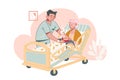 Elderly Care Concept. Social worker or volunteer takes care of and helps a bedridden elderly woman with disabilities in a