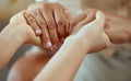 Elderly care, help support and people holding hands for senior care, trust and consulting patient. Pension healthcare Royalty Free Stock Photo