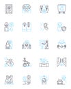 Elderly care linear icons set. Companionship, Mobility, Nutrition, Independence, Safety, Dignity, Memory line vector and