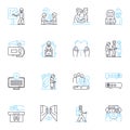 Elderly care linear icons set. Companionship, Mobility, Nutrition, Independence, Safety, Dignity, Memory line vector and