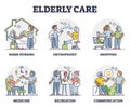 Elderly care for senior rehabilitation and assistance outline collection set