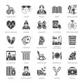 Elderly care vector flat glyph icons. Nursing home elements old people activity, wheelchair, health check, hospital call