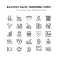 Elderly care vector flat line icons. Nursing home elements - old people activity, wheelchair, health check, hospital Royalty Free Stock Photo