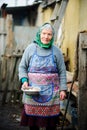 The elderly countrywoman gathers eggs in a hen house.