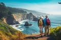 Elderly Couple Admiring Coastal Beauty, senior tourists hiking