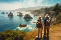 Elderly Couple Admiring Coastal Beauty, senior tourists hiking