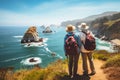 Elderly Couple Admiring Coastal Beauty, senior tourists hiking