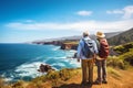 Elderly Couple Admiring Coastal Beauty, senior tourists hiking