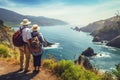 Elderly Couple Admiring Coastal Beauty, senior tourists hiking