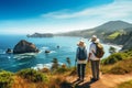 Elderly Couple Admiring Coastal Beauty, senior tourists hiking