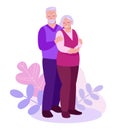 Elderly couple on a background of leaves, plants. The concept of relationships, care, support in old age. Vector illustration in