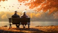 Elderly Couple on a Bench in Autumn Park - Serene Moments Together - Generative AI