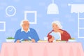 Elderly couple breakfast. Senior woman elder man eating health food at kitchen table, grandmother with grandfather eat Royalty Free Stock Photo