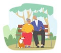 Elderly Couple Characters Spending Time With Dog at City Park. Happy Smiling Senior Man and Woman Sitting on Bench Royalty Free Stock Photo