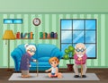 Elderly couple with a children in the living room