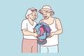 Elderly couple is considering globe choosing place for future trip or sightseeing tour. Vector image