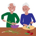 An elderly couple cooks a meal together