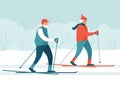 Elderly couple cross country skiing in the public park Royalty Free Stock Photo
