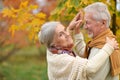 Elderly couple dancing in the autumn park Royalty Free Stock Photo