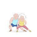 Elderly Couple doing exercises. Old man and old woman is engaged in sports. Morning exercises. Cartoon vector illustration Royalty Free Stock Photo