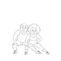 Elderly Couple doing exercises. Old man and old woman is engaged in sports. Morning exercises.Linear silhouette on a white Royalty Free Stock Photo