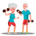 Elderly Couple Doing Sports With Dumbbells Together Vector. Isolated Illustration