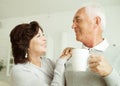 elderly couple drinking coffee in the kitchen while sitting at the table. Royalty Free Stock Photo