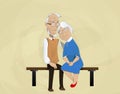 Elderly couple embracing sitting on bench. Royalty Free Stock Photo