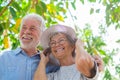 Elderly couple embracing in spring park outdoors having fun and enjoying together looking at the trees. Two old and mature people Royalty Free Stock Photo