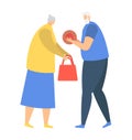 Elderly couple exchanging gifts, senior man gives a donut, woman with handbag. Generosity and gift-giving concept in old