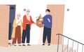 Elderly couple in face masks receiving a bag of products from delivery man. Volunteer taking care of senior family Royalty Free Stock Photo