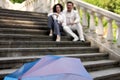 Elderly couple female male love happy middle-aged umbrella summer park