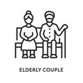 Elderly couple flat line icon. Vector illustration grandparents sitting on a bench. Pensioners