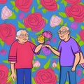 Elderly couple with flowers, Valentine\'s Day concept