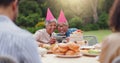 Elderly, couple and happy with video call at birthday party for celebration, laughing and memories in garden. Senior Royalty Free Stock Photo