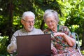 Elderly couple having fun with the laptop outdoors Royalty Free Stock Photo