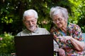 Elderly couple having fun with the laptop outdoors Royalty Free Stock Photo