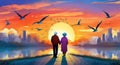 Elderly couple holding hands, cityscapes, sunset, bright sky with flock Of birds flying background Royalty Free Stock Photo