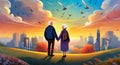 Elderly couple holding hands, cityscapes, sunset, bright sky with flock Of birds flying background Royalty Free Stock Photo