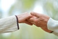 Elderly couple holding hands close up in autumn park Royalty Free Stock Photo