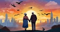 Elderly couple holding hands, mt fuji, sunset, bright sky with flock Of birds flying background Royalty Free Stock Photo