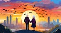 Elderly couple holding hands, mt fuji, sunset, bright sky with flock Of birds flying background Royalty Free Stock Photo