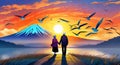 Elderly couple holding hands, mt fuji, sunset, bright sky with flock Of birds flying background Royalty Free Stock Photo