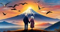 Elderly couple holding hands, mt fuji, sunset, bright sky with flock Of birds flying background Royalty Free Stock Photo