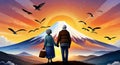 Elderly couple holding hands, mt fuji, sunset, bright sky with flock Of birds flying background Royalty Free Stock Photo