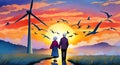 Elderly couple holding hands, taj mahal , sunset, bright sky with background, sunset art